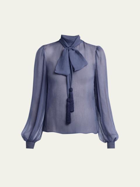Valentino Tassel Bow-Neck Crinkle Chiffon Blouse