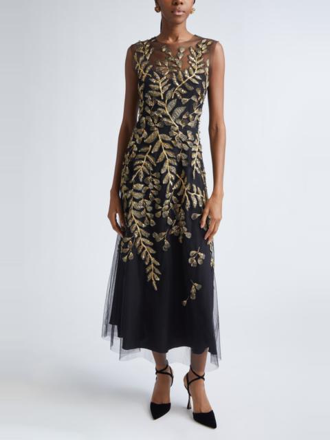 CAROLINA HERRERA Carolina Herrera Metallic Leaf Embroidered Tulle Gown in Black/Gold at Nordstrom