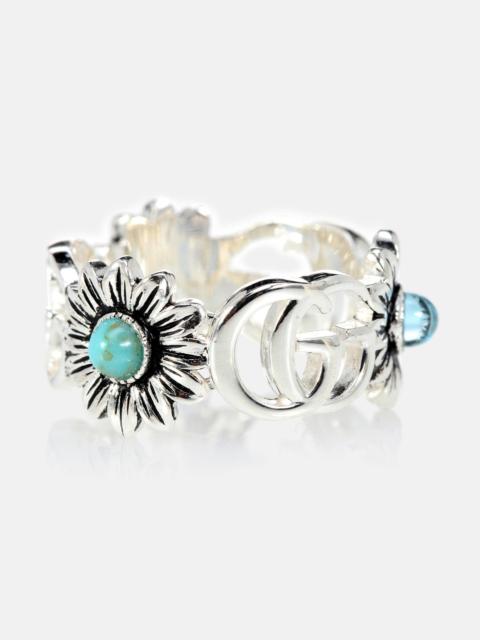 GUCCI Double G flower sterling silver ring with topaz and mother of pearl