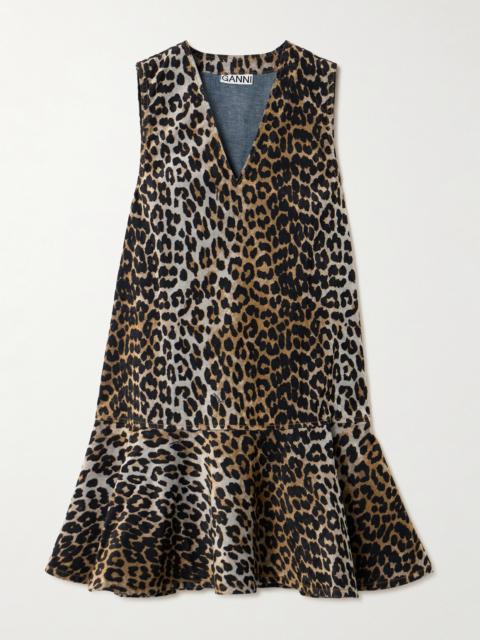 GANNI Ruffled Leopard-print Flocked Recycled-denim Mini Dress