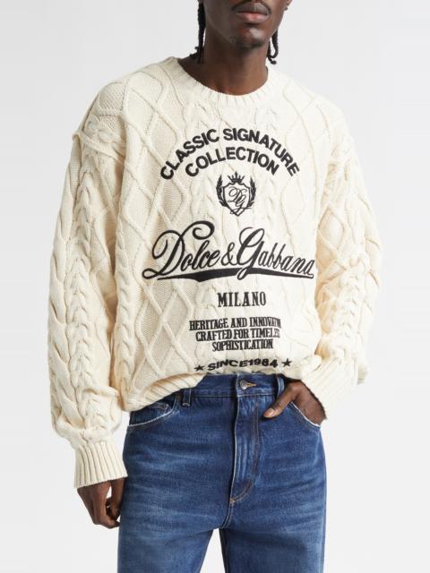 Dolce & Gabbana Dolce&Gabbana Embroidered Cable Stitch Sweater in Beige at Nordstrom