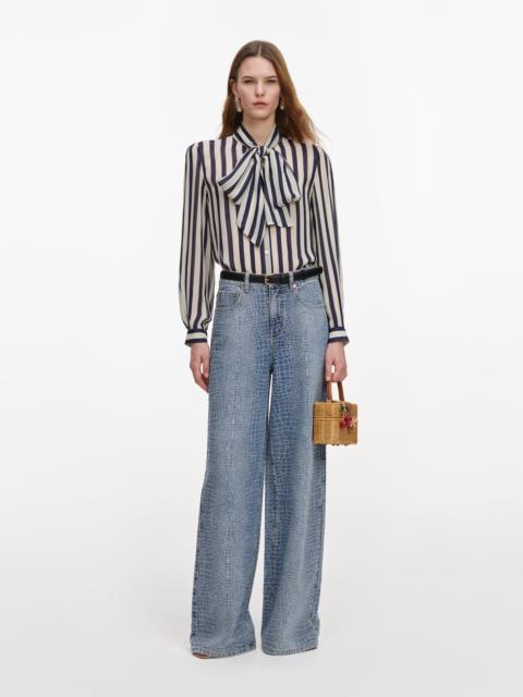 self-portrait Navy Stripe Tie Neck Blouse