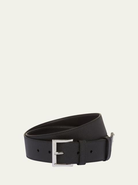 Prada Men's Triangle Logo Saffiano Leather Belt
