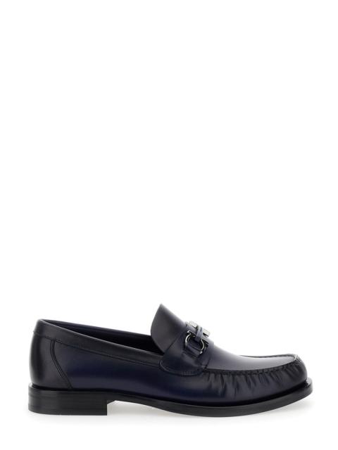 Ferragamo Men 'Fort' Blue Slip-On Loafers With Gancini Detail In Brushed Leather Man