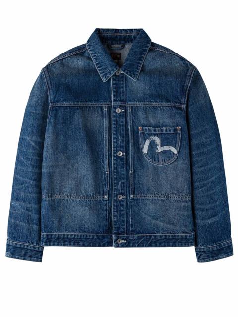 EVISU Distressed Seagull Print Relax Fit Vintage Washed Denim Jacket