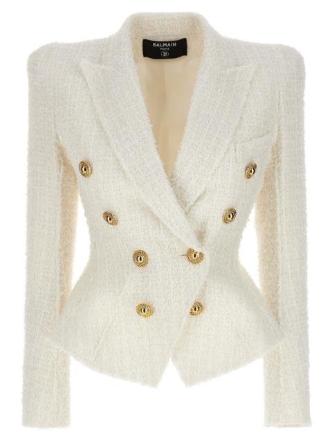Balmain Double Breasted Tweed Blazer With Logo Buttons