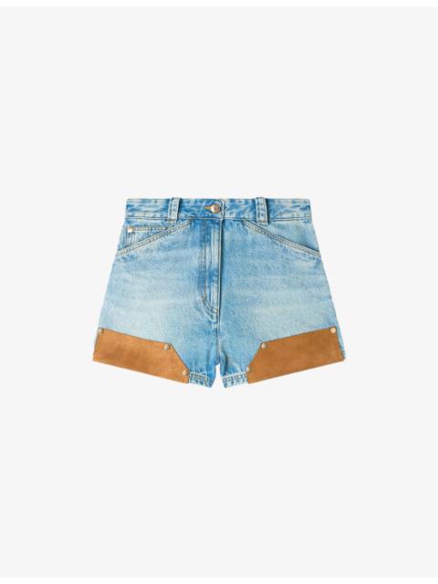 Sandro Riveted High-Rise Suede and Denim Shorts