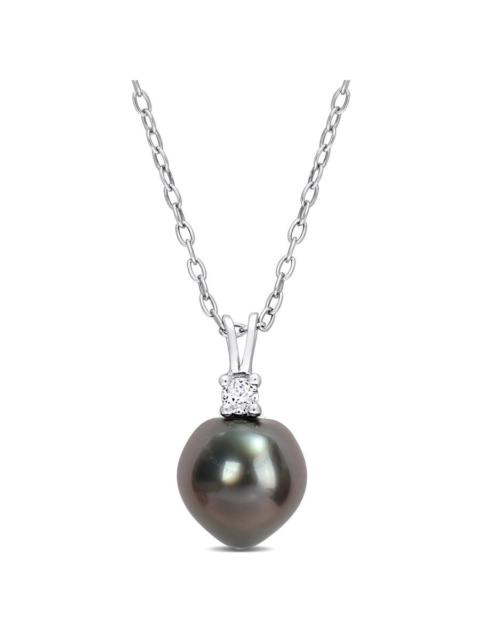 Other Designers AMOUR 8-9mm Black Tahitian Cultured Pearl and 1/10 CT TGW White Topaz Pendant with Chain In Sterling