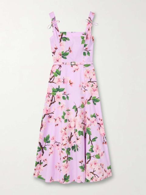 Belted bow-detailed floral-print stretch-cotton poplin midi dress Pink