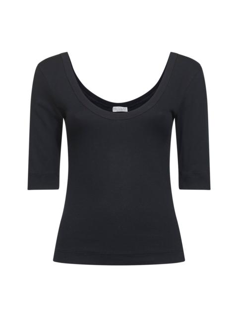 Brunello Cucinelli Brunello Cucinelli Women Black Ribbed Stretch Jersey Monili T-Shirt