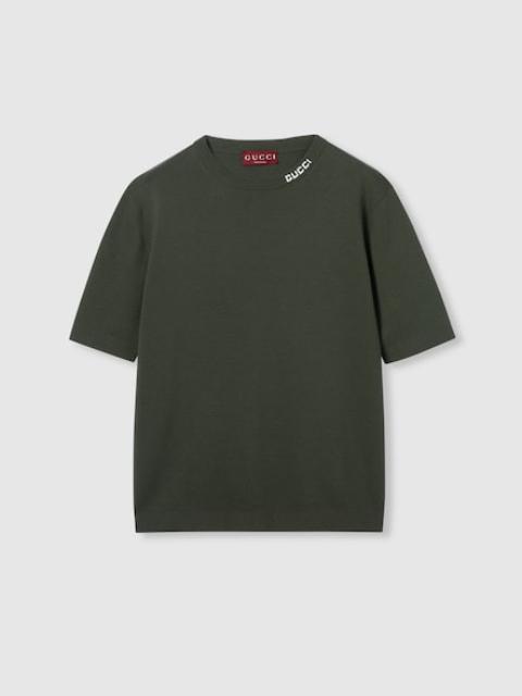 Silk cotton knit T-shirt with intarsia