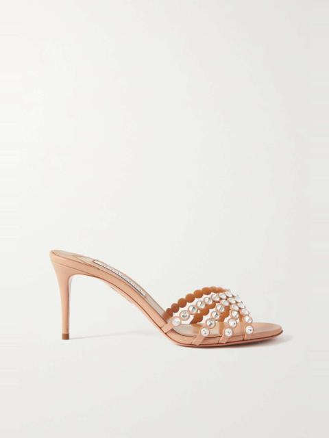 Tequila 75 crystal-embellished PVC and metallic leather mules
