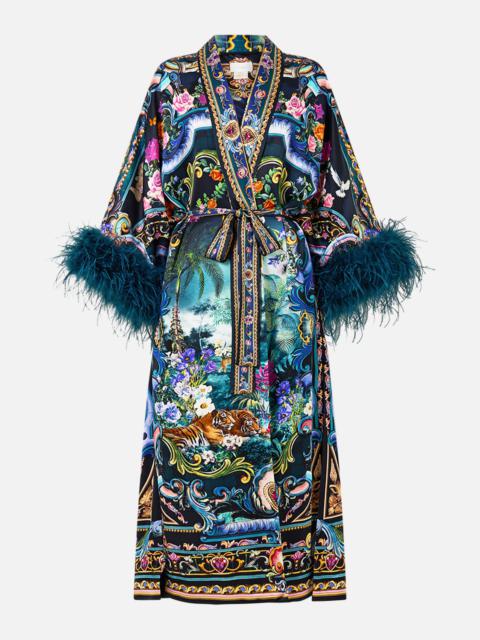 CAMILLA LONG ROBE WITH NARROW COLLAR AND FEATHERS