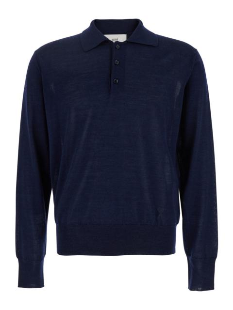 AMI Paris Ami Paris Men Blue Polo Shirt With Tone-On-Tone Embroidered Logo On The Front In Virgin Wool And Sil