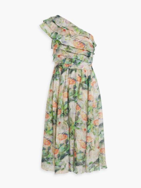 Other Designers One-shoulder ruffled printed gauze dress