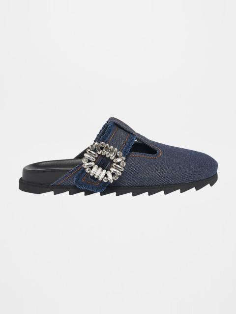 Roger Vivier Denim Crystal Buckle T-Strap Mule Clogs