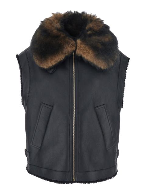 FENDI Fendi Women Black Sleeveless Shearling Jacket With Buckled Spread Collar In Leather And Fur Woman