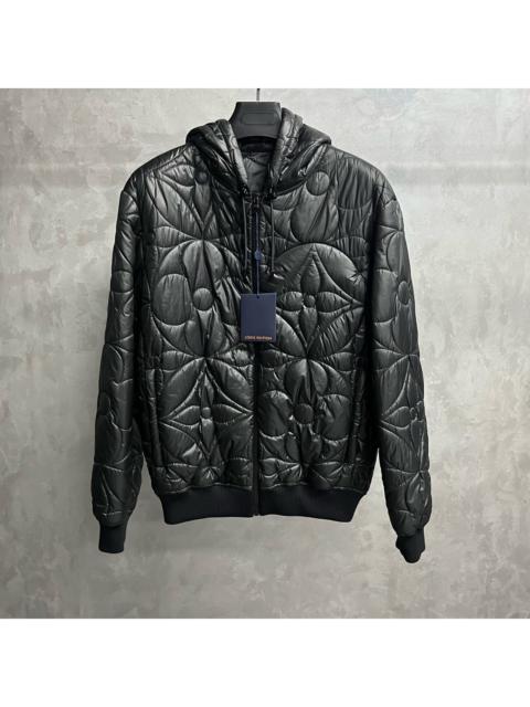 Louis Vuitton [Louis Vuitton] Black Solid-Color Cotton Jacket with Embossed Logo Pattern, Hood, and Zipper Closure