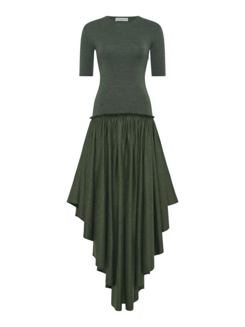 Sirona Pleated Maxi Dress in Olive Virgin Wool Silk with Linen