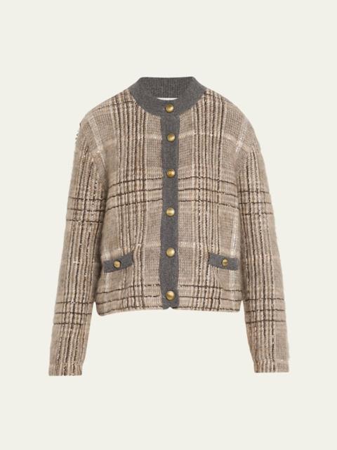 Brunello Cucinelli Cashmere-Mohair Paillette Check Jacquard Cardigan