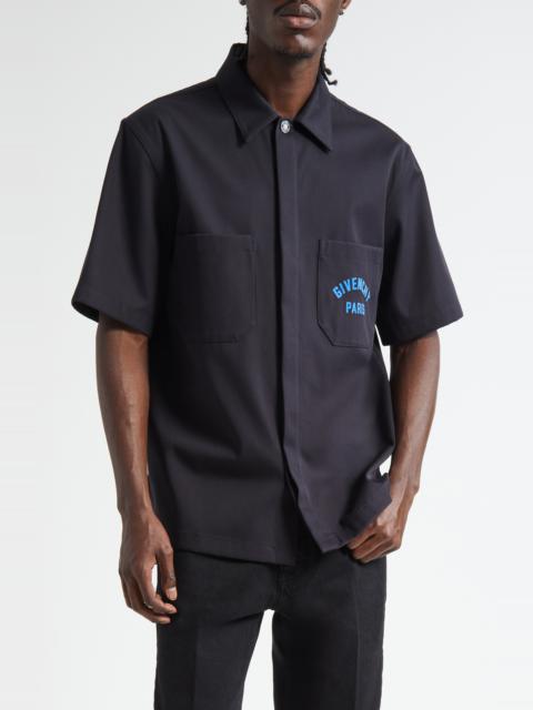 Givenchy Givenchy Logo Embroidered Short Sleeve Button-Up Shirt in Dark Blue at Nordstrom