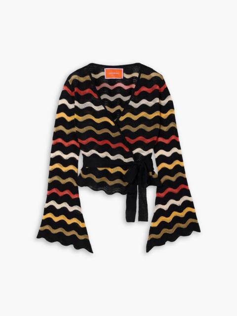 Other Designers Zephyr scalloped striped pointelle-knit linen-blend wrap top