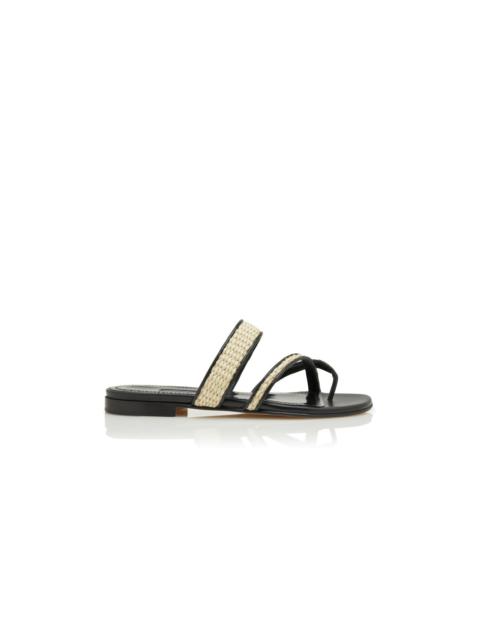 Manolo Blahnik Black and Beige Raffia Flat Sandals