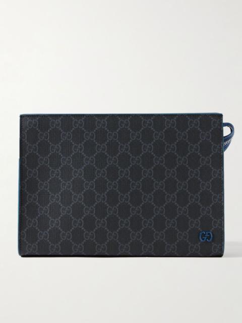 GUCCI Leather-Trimmed Monogrammed Coated-Canvas Pouch Black