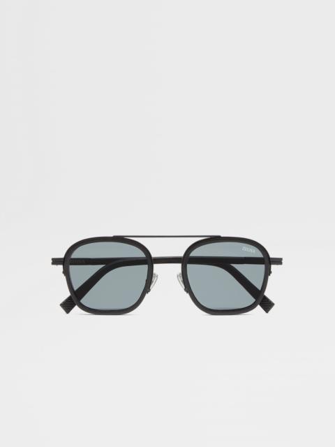 ZEGNA BLACK ORIZZONTE I METAL ACETATE AND LEATHER SUNGLASSES