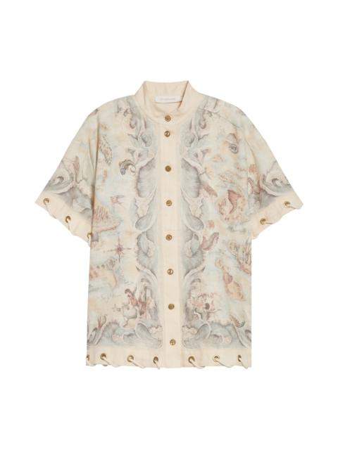 Zimmermann Zimmermann Rebellion Rope Trim Linen Button-Up Shirt in Treasure Map at Nordstrom