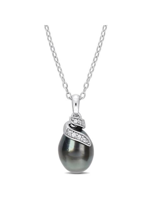 Other Designers AMOUR 8-9mm Black Tahitian Cultured Pearl and Diamond Accent Swirl Pendant with Chain In Sterling Si