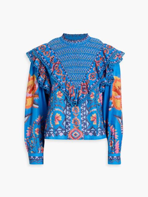 FARM RIO Ruffled smocked printed cotton-voile blouse
