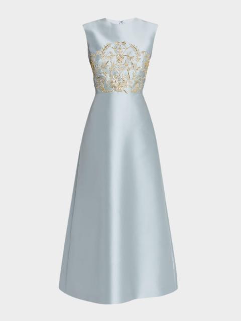 REEM ACRA Petals, Spice, and Whispers of Plumage Embroidered Satin Dress