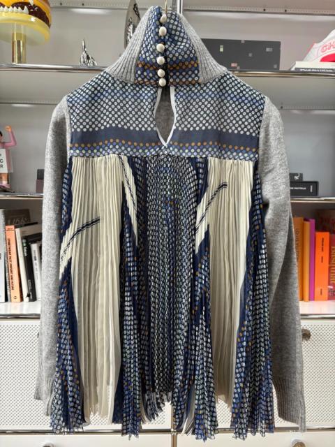 sacai Sacai Grey Turtleneck Pleated Polka Dot Knit Top