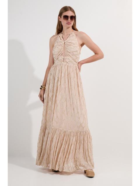 KAREN MILLEN Viscose Metallic Georgette Halter Woven Maxi Dress