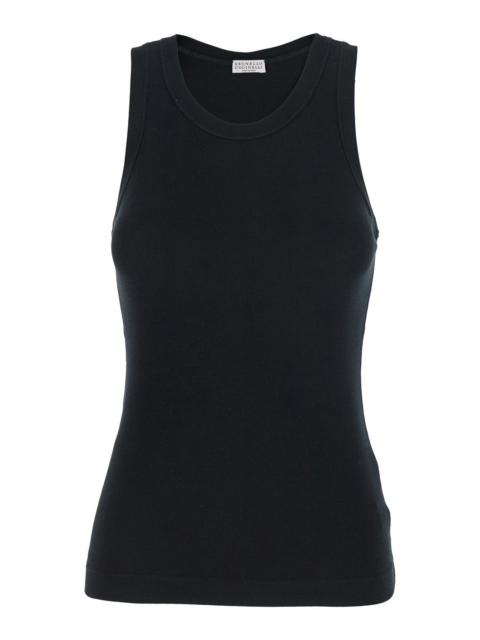 Brunello Cucinelli Brunello Cucinelli Women Black Sleeveless Top With Round Neck And Monil Detail On The Rear In Cotton