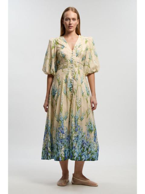 KAREN MILLEN Silk Cotton Trailing Floral Puff Sleeve Midi Dress