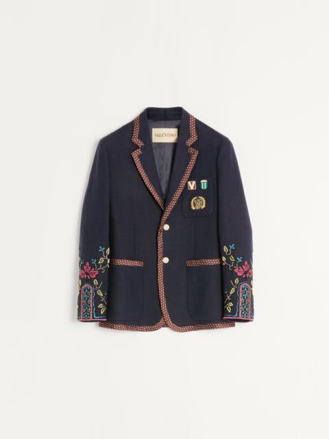Valentino SINGLE-BREASTED LINEN JACKET WITH BEADED EMBROIDERY AND PATCHES
