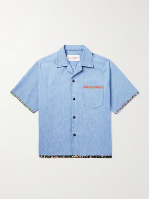 Valentino Camp-Collar Floral-Trimmed Denim Shirt Blue