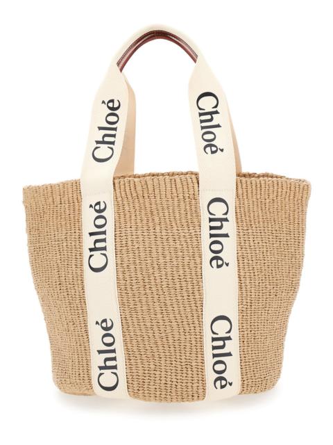 Chloé Chloé Women 'Woody' Beige Shoper With With Logoed Shoulder Strap In In Woven Natural Fibers Woman