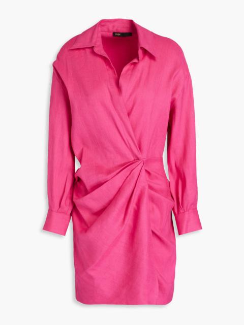 maje Draped linen-blend mini wrap dress