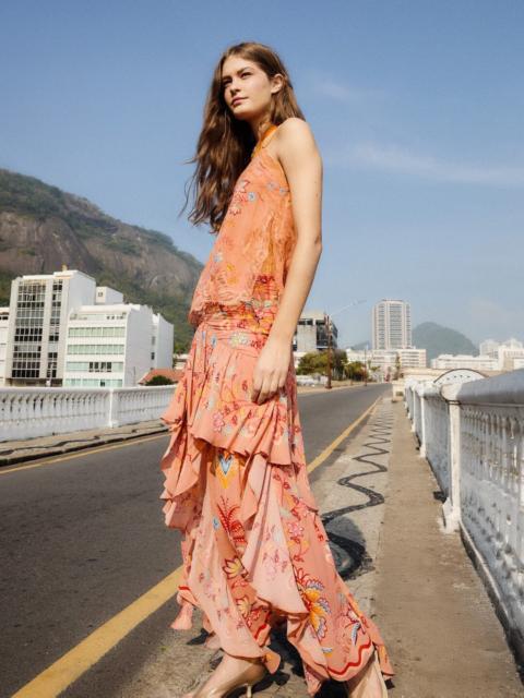 FARM RIO Mocha Boho Enhance Ruched Ruffled Maxi  Skirt