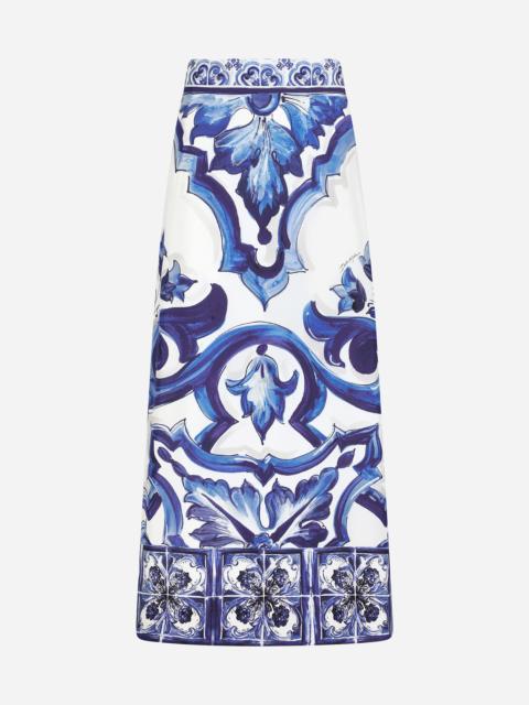 Dolce & Gabbana Majolica-print charmeuse calf-length skirt with slit