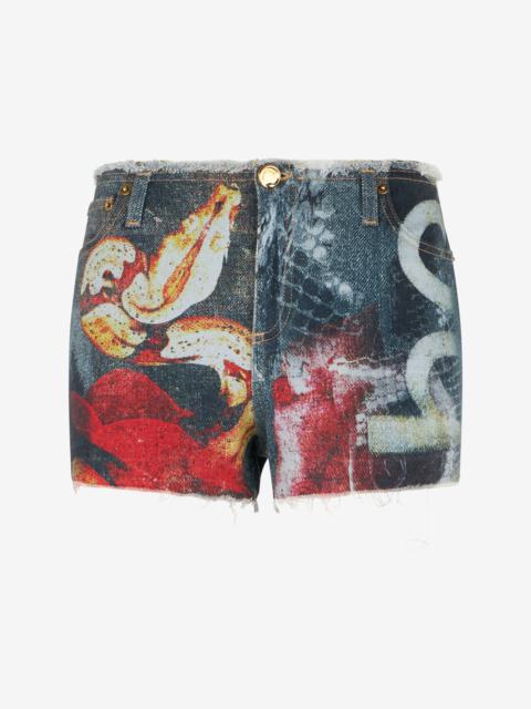 Roberto Cavalli Denim Shorts With Roses And Snakes
