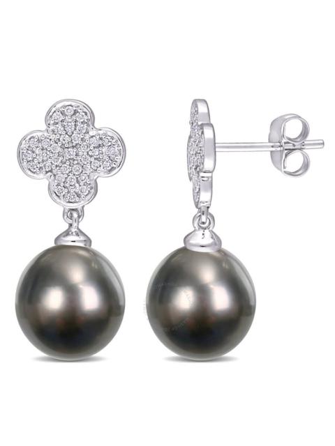 Other Designers Amour - AMOUR 10-10.5mm Black Tahitian Cultured Pearl and 1/5 CT TDW Diamond Flower Drop Earrings In 10K Whi