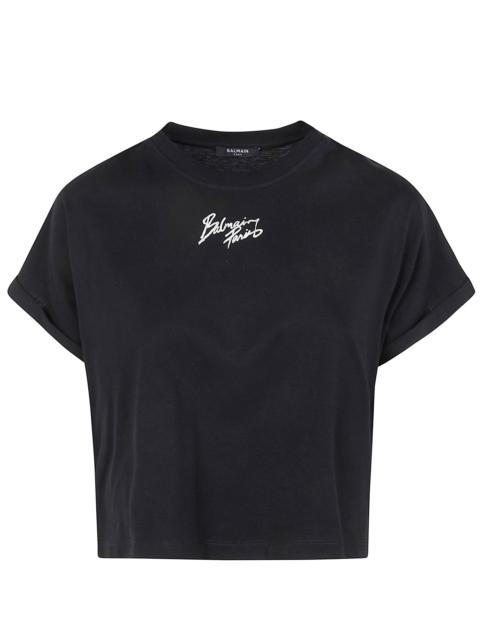 Balmain Balmain Women Short Sleeves "Balmain Paris" Cropped T-Shirt