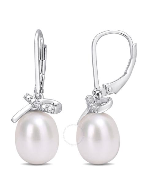 Other Designers AMOUR 7.5-8mm Freshwater Cultured Pearl and Diamond Accent Leverback Earrings In Sterling Silver