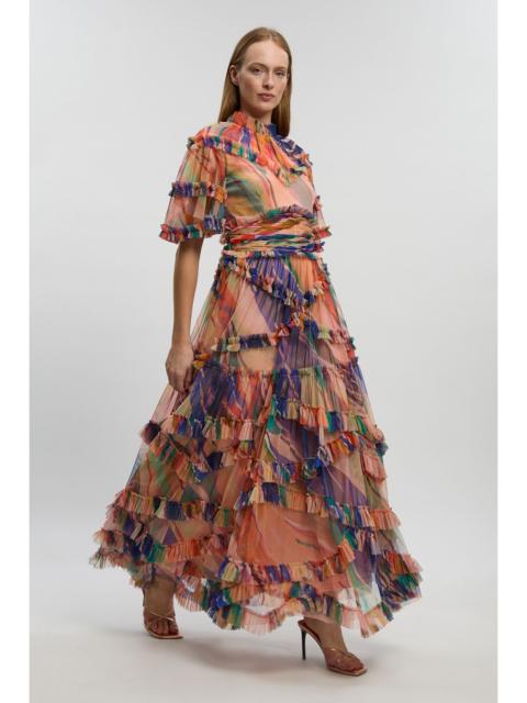 KAREN MILLEN Marble Print Tulle Ruffle Detail Woven Maxi Dress
