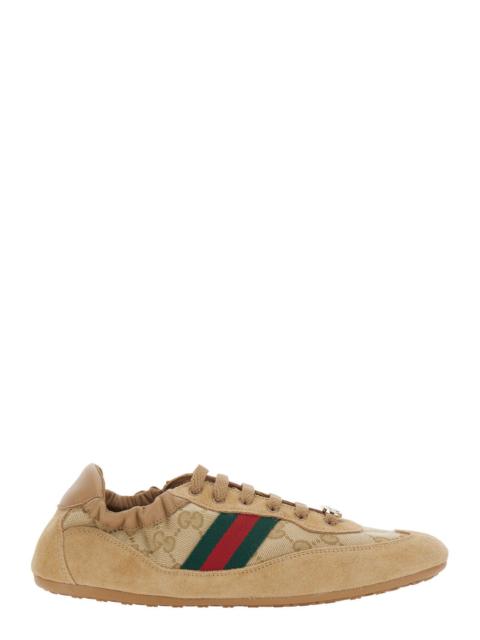 GUCCI Gucci Women Beige Low Top Sneakers With Gg Plaque On The Lace And Web Band On The Side In Gg Canvas 