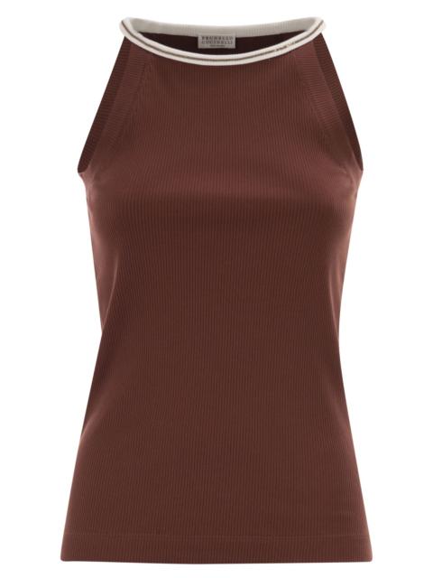 Brunello Cucinelli Brunello Cucinelli Women Sleeveless Ribbed Top In Stretch Cotton With Jewel Detail